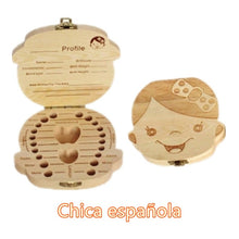 Load image into Gallery viewer, Baby Milk Teeth Box Spanish English Russion Baby Wood Tooth Box Baby Tooth Organizer Kids Deciduous Storage Collect wooden Box