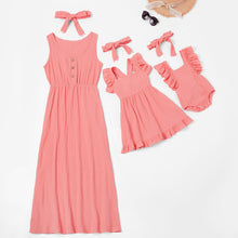 Load image into Gallery viewer, Mother and Kids Casual Button Dress Solid Matching Cute Baby Romper Summer Dress Mom Baby Family Clothes Outfits Cotton Dress

