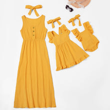 Load image into Gallery viewer, Mother and Kids Casual Button Dress Solid Matching Cute Baby Romper Summer Dress Mom Baby Family Clothes Outfits Cotton Dress
